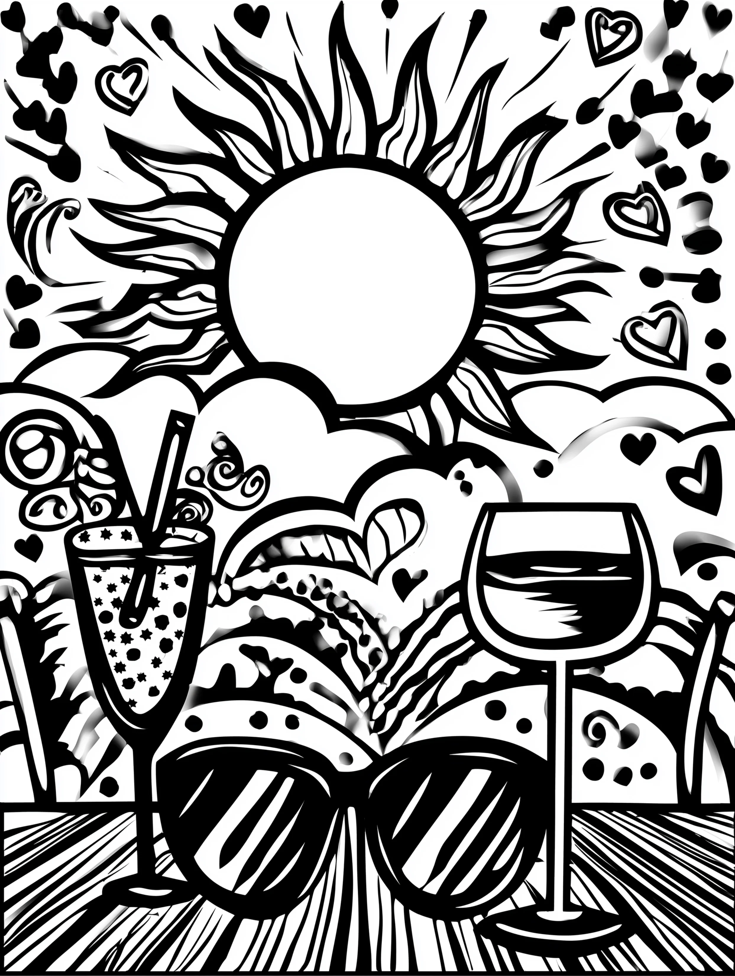 Free printable summer coloring page for adults featuring sunglasses, drinks, and sun